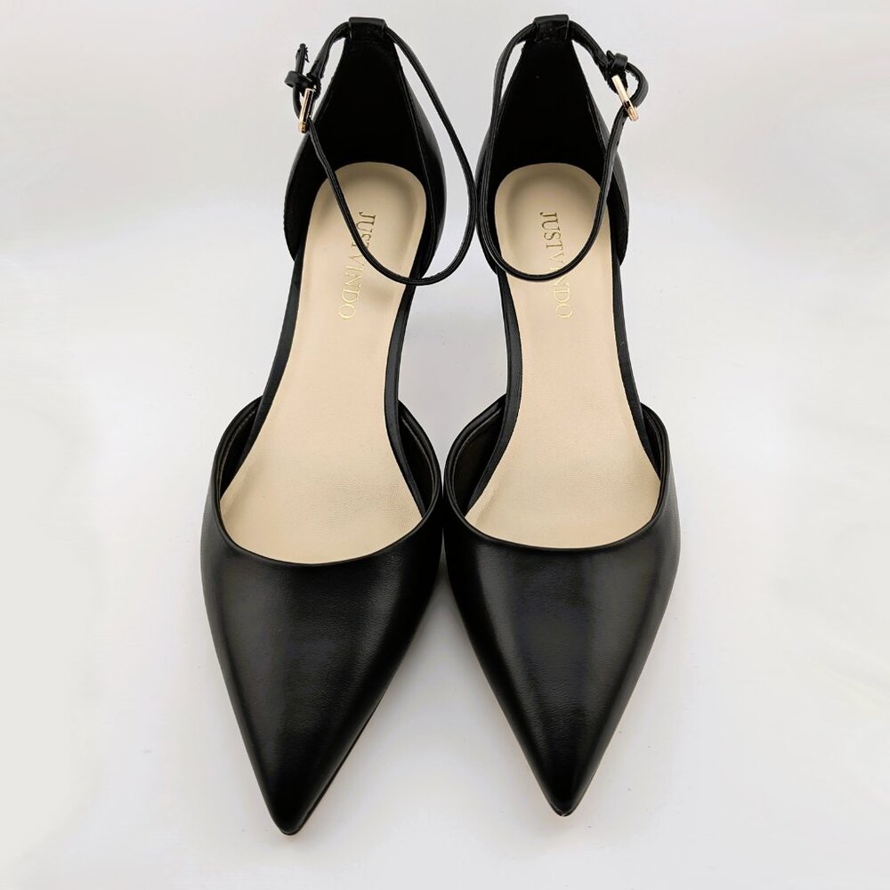 NEW in the Box, Pointed Toe Ankle Strap Kitten Heel Pumps, Black, Women's Size 9